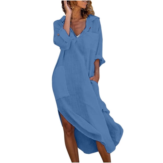 Womens Casual Loose Cotton Linen Long Shirt Dress Lapel Button Cuffed Sleeve Side Split Dresses with Pockets Light Blue XL
