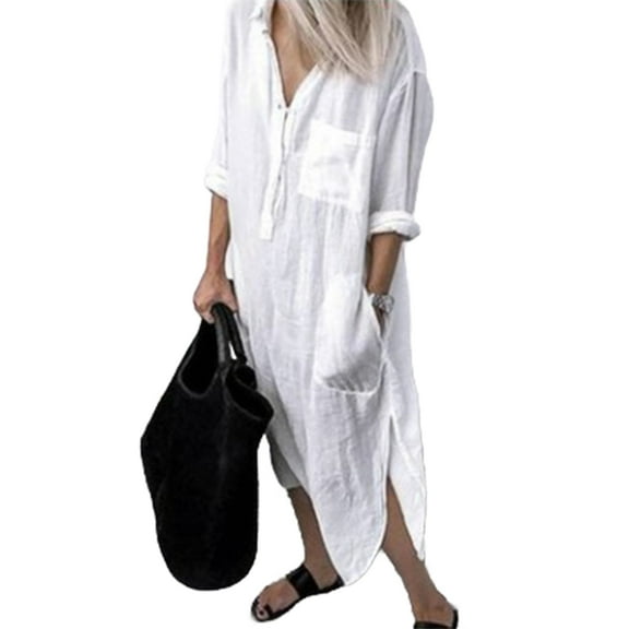Womens Casual Loose Cotton Linen Long Shirt Dress Lapel Button Cuffed Sleeve Side Split Dresses with Pockets White S