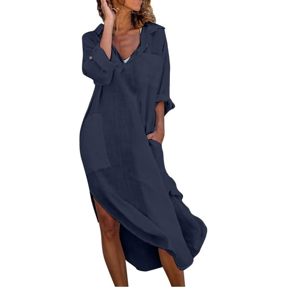 Womens Casual Loose Cotton Linen Long Shirt Dress Lapel Button Cuffed Sleeve Side Split Dresses with Pockets