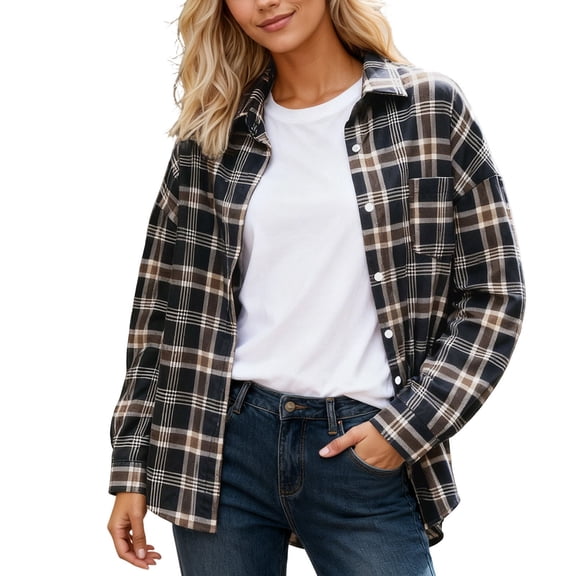 Womens Casual Loose Fit Plaid Shirt With Contrast Pocket Versatile Blouse Top