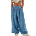 thumbnail image 1 of Womens Casual Loose Fit Wide Leg Cotton Pants Drawstring Stitching Baggy Pants Trousers with Pockets Blue L, 1 of 9