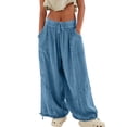 thumbnail image 1 of Womens Casual Loose Fit Wide Leg Cotton Pants Drawstring Stitching Baggy Pants Trousers with Pockets Blue XXL, 1 of 10
