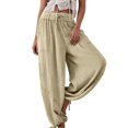 thumbnail image 1 of Womens Casual Loose Fit Wide Leg Cotton Pants Drawstring Stitching Baggy Pants Trousers with Pockets Khaki S, 1 of 9