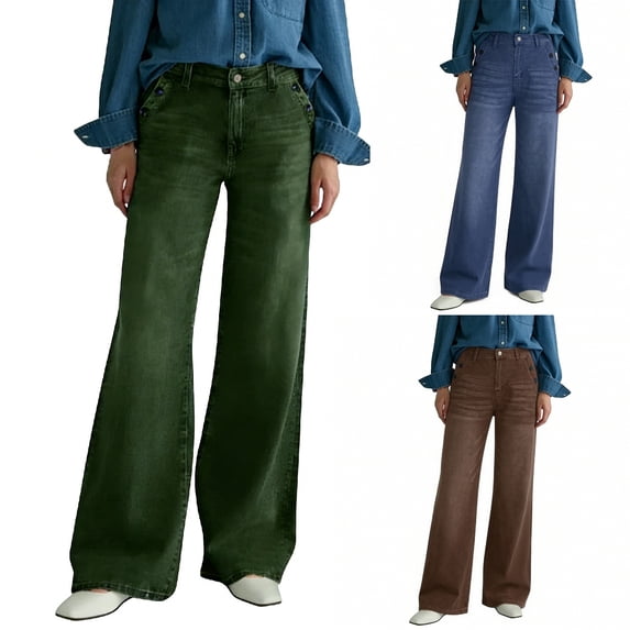 Womens Casual Loose Fit Wide Leg Jeans Washed Denim Pants with Multi Button Detail with Pockets Brown