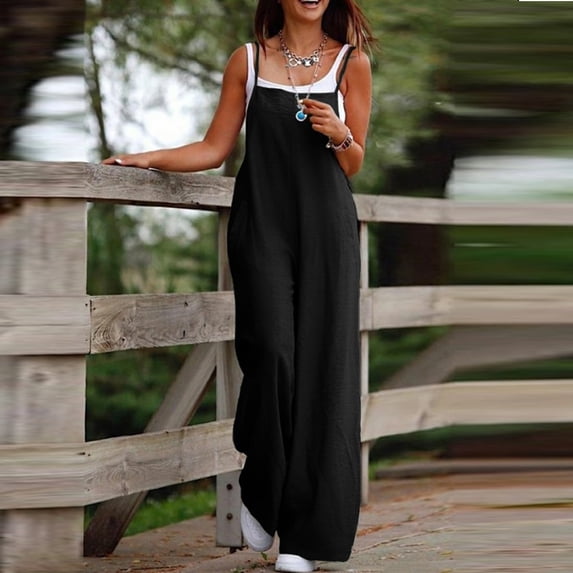Womens Casual Loose Jumpsuits Summer Boho Wide Leg Rompers Sleeveless Overalls with Pockets Black XL