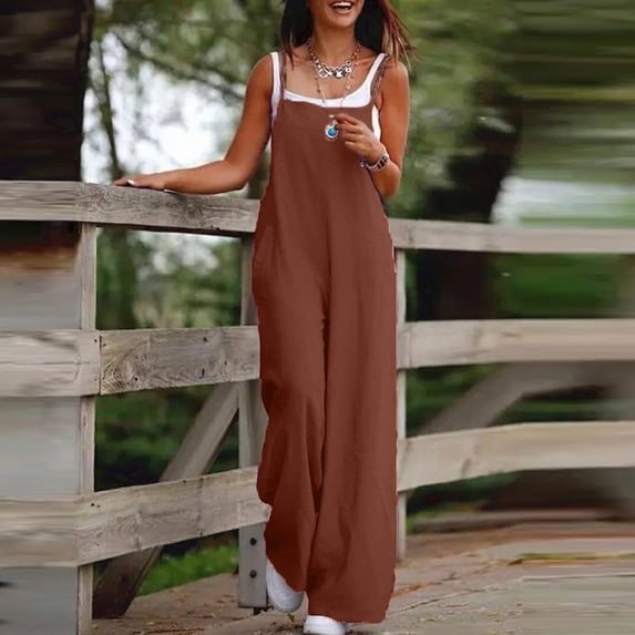 Womens Casual Loose Jumpsuits Summer Boho Wide Leg Rompers Sleeveless Overalls with Pockets Coffee 2XL