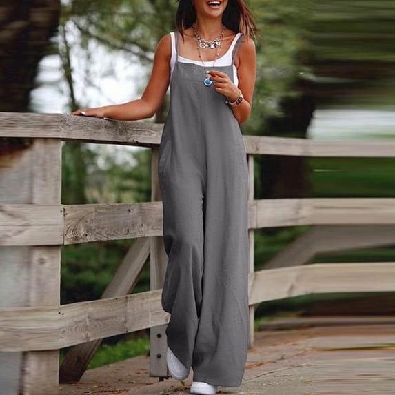 Womens Casual Loose Jumpsuits Summer Boho Wide Leg Rompers Sleeveless Overalls with Pockets Multicolor XL