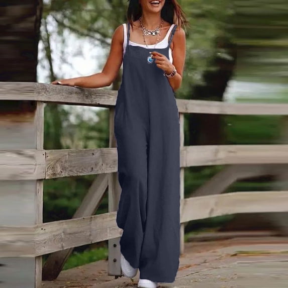 Womens Casual Loose Jumpsuits Summer Boho Wide Leg Rompers Sleeveless Overalls with Pockets Navy L