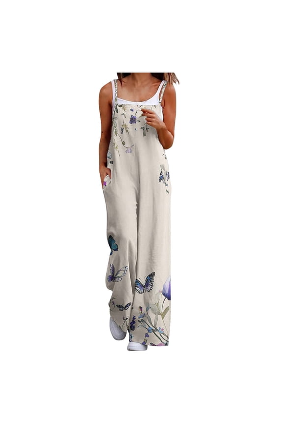 Womens Casual Loose Jumpsuits Summer Boho Wide Leg Rompers Sleeveless Overalls with Pockets
