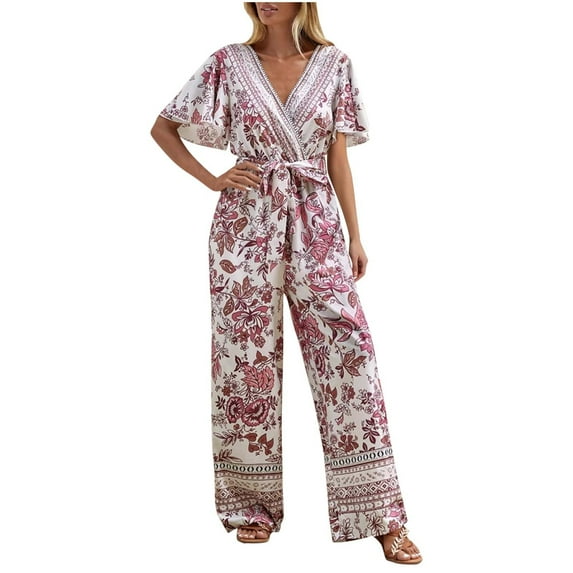 Womens Casual Loose Jumpsuits Summer Boho Wide Leg Rompers Sleeveless Overalls with Pockets