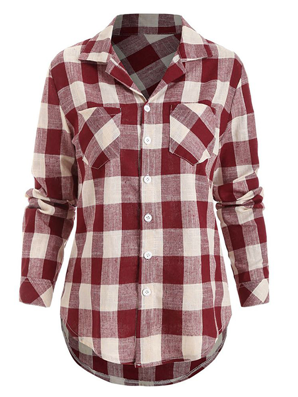 Womens Casual Loose Lapel Collar Plaid Blouse Shirts Long Sleeve Tops ...