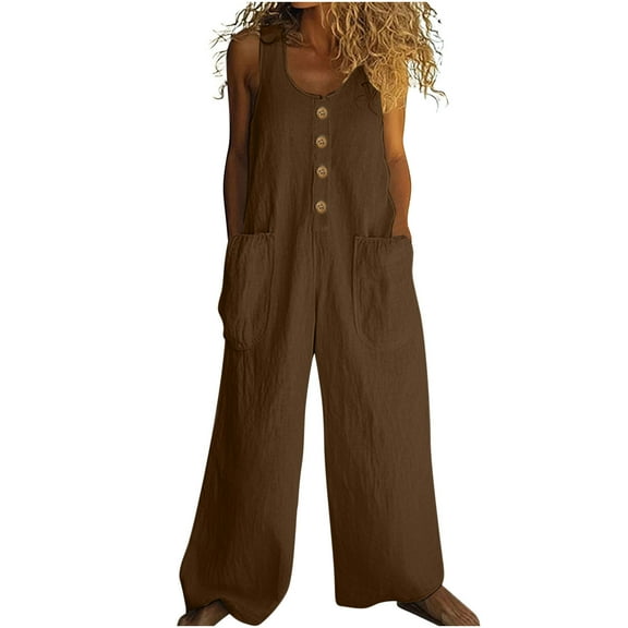 Womens Casual Loose Linen Jumpsuits, One Piece Sleeveless Button Wide Leg Overalls Long Pant Rompers with Pockets Brown XL