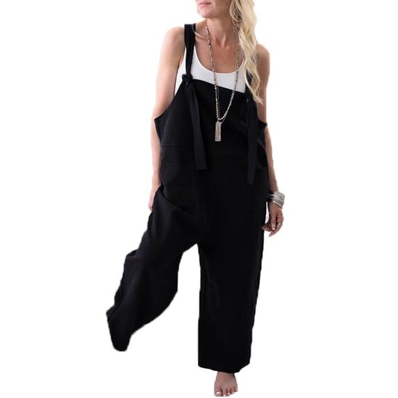 Womens Casual Loose Linen Pants Cotton Jumpsuit Strap Harem Trousers Overalls