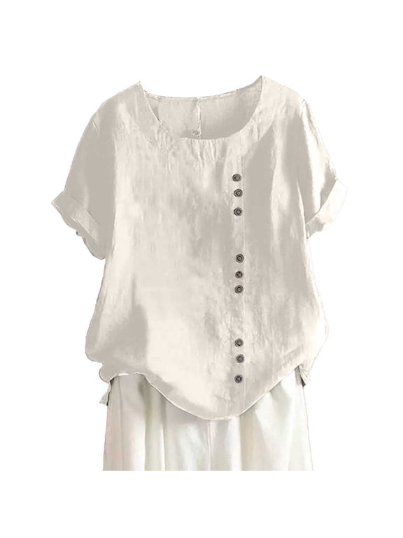 Womens Casual Loose Linen Plus Size Daily Boho Tank T-Shirt Blouse, Solid Color Summer Flutter Sleeve Shirts Notched Neck Pleated Tunics Tee Beige, Xxl