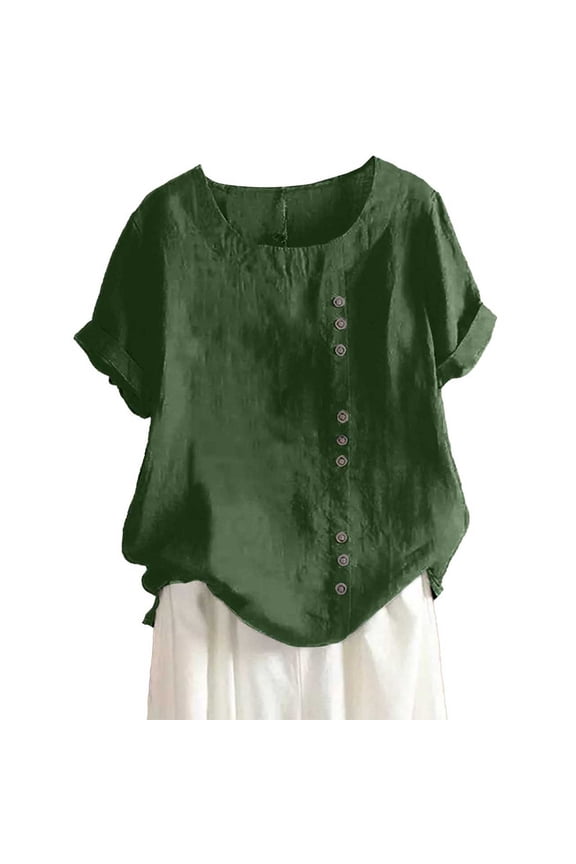 Womens Casual Loose Linen Plus Size Daily Boho Tank T-Shirt Blouse, Solid Color Summer Flutter Sleeve Shirts Notched Neck Pleated Tunics Tee Green 1, 4Xl
