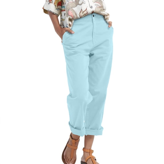 Womens Casual Loose Pants Comfy Cropped Work Pants with Pockets Elastic High Waist Paper Bag Pants Light Blue L
