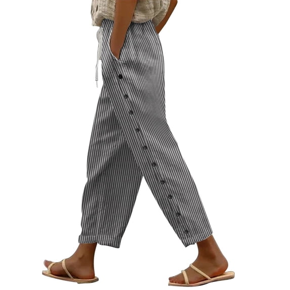 Womens Casual Loose Pants Cotton and Linen Striped Elastic Waistband High Waistband Pocket Pants Side Buttons Nine Point Pants Pants H Shaped Straight Leg Pants Pants for Women Trendy