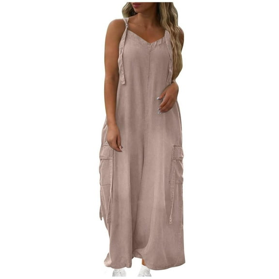 Womens Casual Loose Sleeveless Jumpsuits Long Cargo Pants Baggy Rompers with Pocket Tie Strap Street Spring Outfits, Beige, XXL