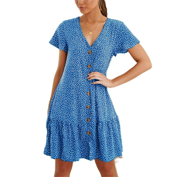 Womens Casual Loose Swing Mini Dress Polka Dot V Neck Button Down Ruffles Beach Dress