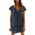thumbnail image 1 of Womens Casual Loose Swing Mini Dress Polka Dot V Neck Button Down Ruffles Beach Dress, 1 of 2