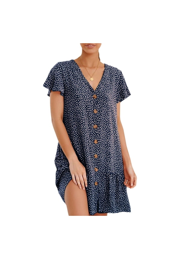 Womens Casual Loose Swing Mini Dress Polka Dot V Neck Button Down Ruffles Beach Dress