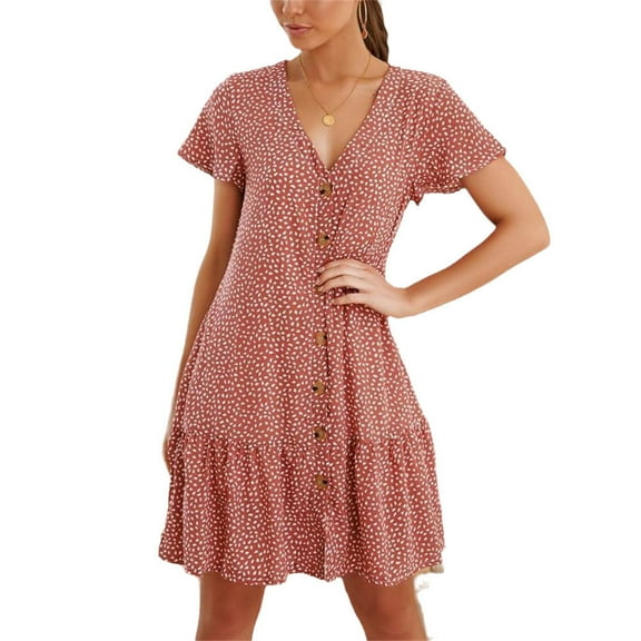Womens Casual Loose Swing Mini Dress Polka Dot V Neck Button Down Ruffles Beach Dress