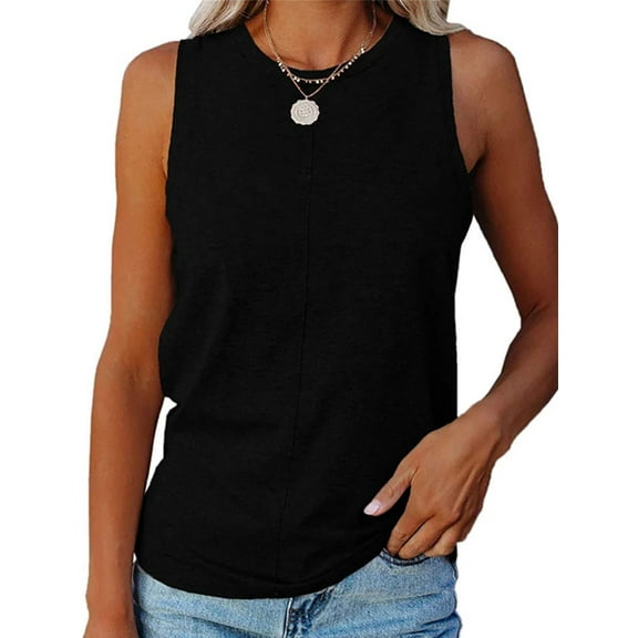 Womens Casual Loose Tank Top Sleeveless High Neck Solid Color Summer Cotton Tee Shirts, Black, Small