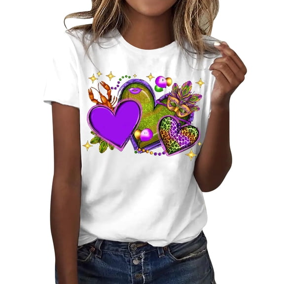 Womens' Casual Mardi Print Shirts Carnival Round Neck Short Sleeve Tee Solid Loose Tops Lightweight Summer Tunic Blouse for Womens A-White XXL