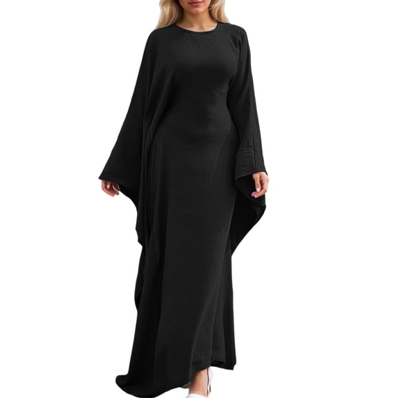 Womens Casual Maxi Dress Long Sleeve Solid Color High Slit Flowy Dress Spring Fall Black