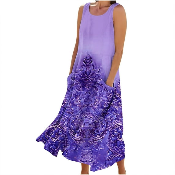 Womens Casual Maxi Dress Plus Size Vintage Printed Summer Boho Vacation Dresses Casual Round Neck Sleeveless Beach Tank Dresses Trendy T Shirt Long Dress with Wide Pockets 2024
