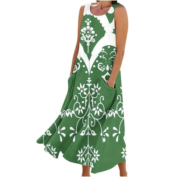 Womens Casual Maxi Dress Plus Size Vintage Printed Summer Boho Vacation Dresses Casual Round Neck Sleeveless Beach Tank Dresses Trendy T Shirt Long Dress with Wide Pockets 2024