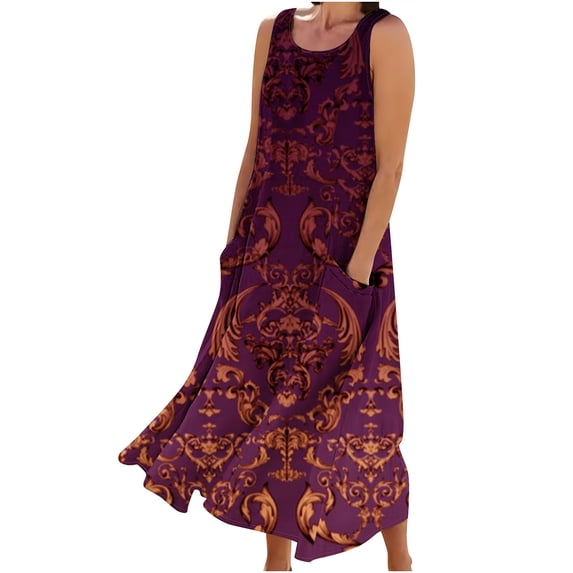 Womens Casual Maxi Dress Plus Size Vintage Printed Summer Boho Vacation Dresses Casual Round Neck Sleeveless Beach Tank Dresses Trendy T Shirt Long Dress with Wide Pockets 2024