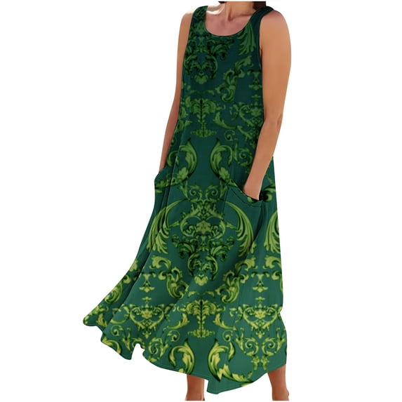 Womens Casual Maxi Dress Plus Size Vintage Printed Summer Boho Vacation Dresses Casual Round Neck Sleeveless Beach Tank Dresses Trendy T Shirt Long Dress with Wide Pockets 2024