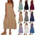 thumbnail image 1 of Womens Casual Maxi Dresses Fashion Women Solid Round Neck Sleeveless Beach Dresses Vacation Coverup Pockets DressKhaki L, 1 of 9