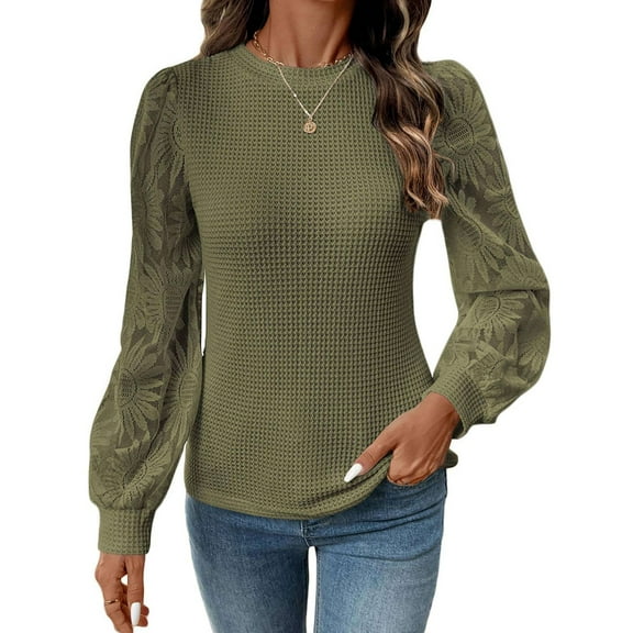 Womens Casual Mesh Lace Long Sleeve Shirts Waffle Knit Blouse Crewneck Shirt Fall Womens Tops Pullover  Green S