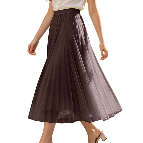 Womens Casual Mesh Midi Skirt Pleated A Line Long Skirt with Elastic High Waist Layered Tulle Flared Hem for Daily Wear