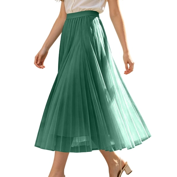 Womens Casual Mesh Midi Skirt Pleated A Line Long Skirt with Elastic High Waist Layered Tulle Flared Hem for Daily Wear