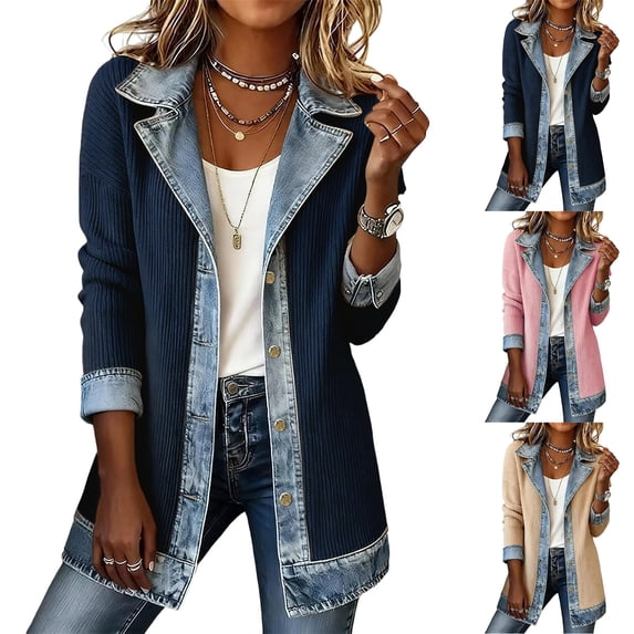 Womens Casual Mid Length Jacket Coat Long Sleeve Lapel Denim Spliced Ribbed Button Down L