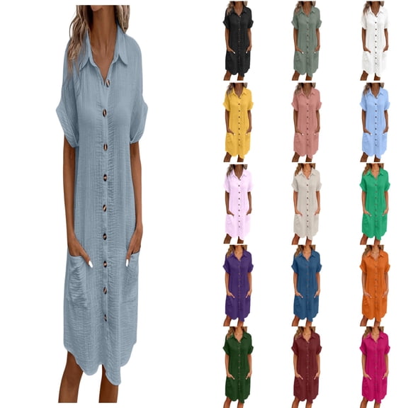 Womens Casual Midi Dresses Solid V Neck Short Sleeve Button Shirt Dress with Pockets for Summer Fall 2025 White S