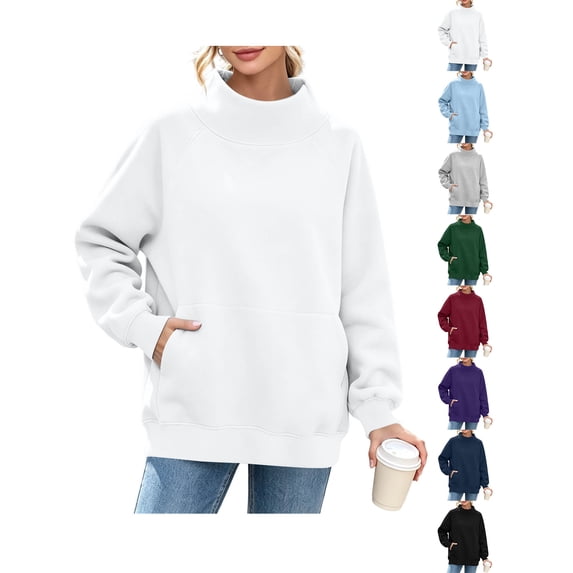 Womens Casual Mock Neck Sweatshirt Zaewscy Women's Fashion Winter Sporty Solid Color Pocket Crewneck Loose Sweatshirt White XL