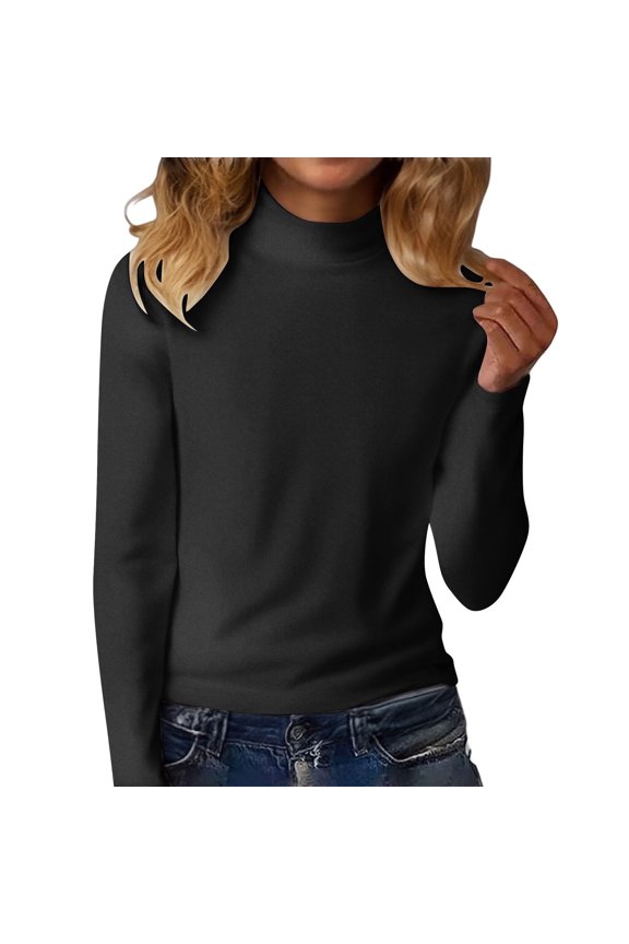 Womens Casual Mock Neck Tunic Top - Solid Color Long Sleeve Pullover Layering Soft Stretch Breathable Basic Everyday Fashion Wear Black XL