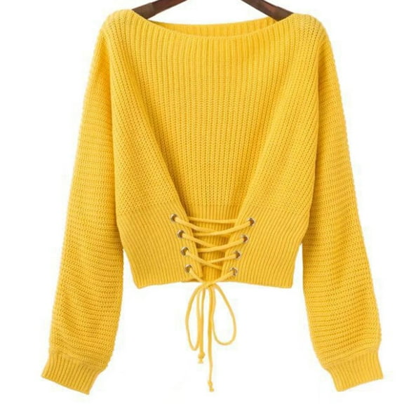 Womens Casual Off Shoulder Cropped Sweaters Loose Long Sleeve Sweater Solid Knit Pullover Tops with Drawstring Waist