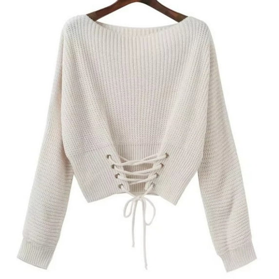 Womens Casual Off Shoulder Cropped Sweaters Loose Long Sleeve Sweater Solid Knit Pullover Tops with Drawstring Waist