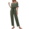 thumbnail image 1 of Womens Casual Off Shoulder Jumpsuits Short Sleeve Tie Waisted Straight Leg Long Pants Outfits Onesie Rompers Playsuits, 1 of 7