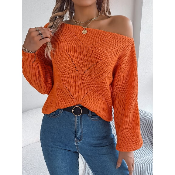 Womens Casual Off Shoulder Sweater Loose Batwing Long Sleeve Pullover Sweater Crochet Hollow Knit Jumper Tops