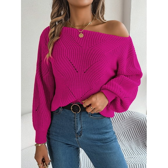 Womens Casual Off Shoulder Sweater Loose Batwing Long Sleeve Pullover Sweater Crochet Hollow Knit Jumper Tops