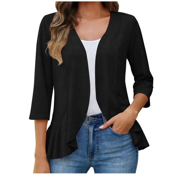 Womens Casual Open Front Cardigans Lightweight Soft Summer Draped Ruffles 3/4 Sleeve Cardigan