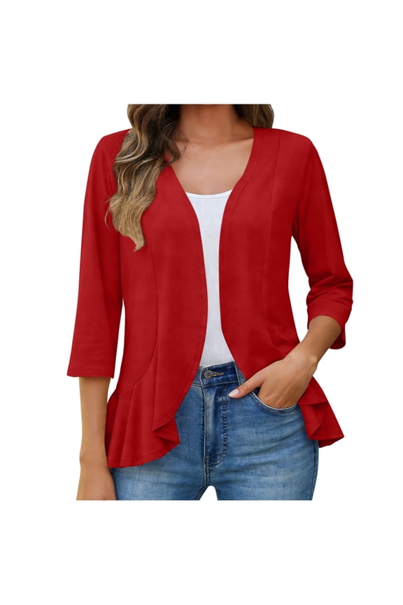 Womens Casual Open Front Cardigans Lightweight Soft Summer Draped Ruffles 3/4 Sleeve Cardigan