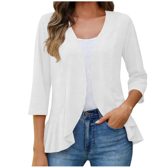 Womens Casual Open Front Cardigans Lightweight Soft Summer Draped Ruffles 3/4 Sleeve Cardigan