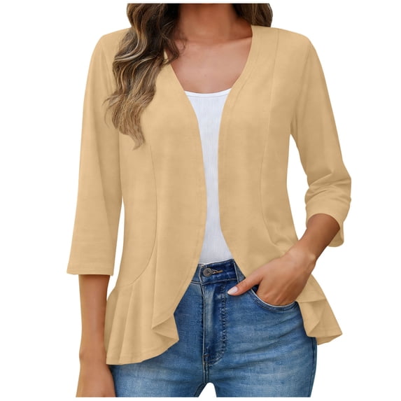 Womens Casual Open Front Cardigans Lightweight Soft Summer Draped Ruffles 3/4 Sleeve Cardigan